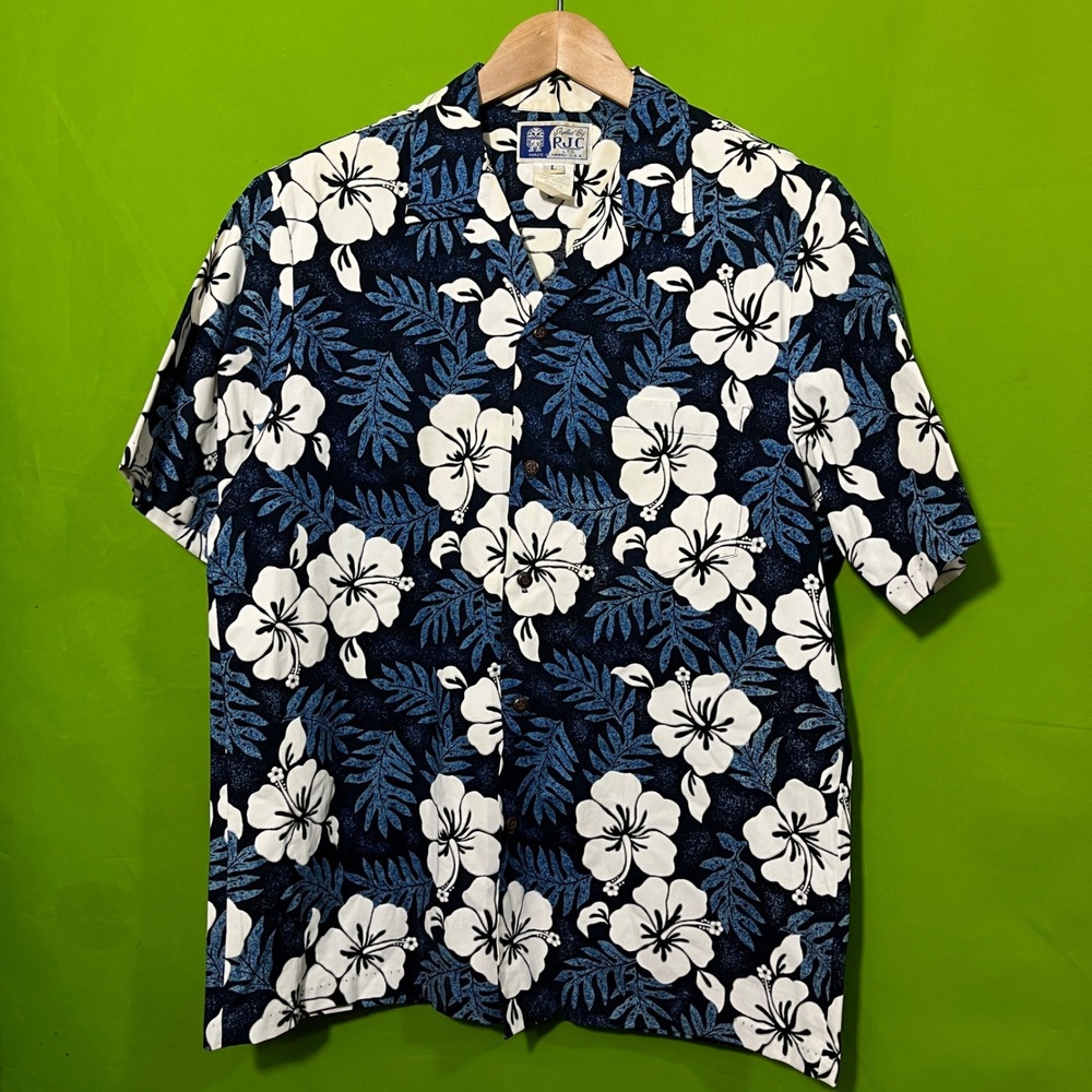 Large VTG RJC Ltd Hawaiian Shirt Mens Blue White Floral Aloha Rayon Button Up